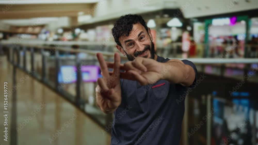 Man gesturing hashtag in a bustling shopping mall, highlighting hispanic ethnicity, with a beard, capturing a social media trend in a public urban environment.