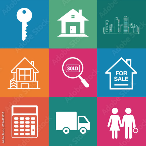 vector icons real estate business house key, symbolizing ownership new home House Sold Sign icon "Sold" sign in front, representing successful real estate 
