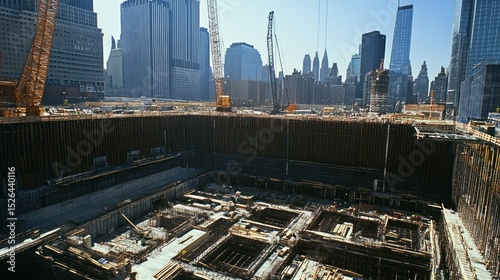 A large-scale building is under construction, with reinforced concrete walls and cranes, background wallpaper AI generated image
