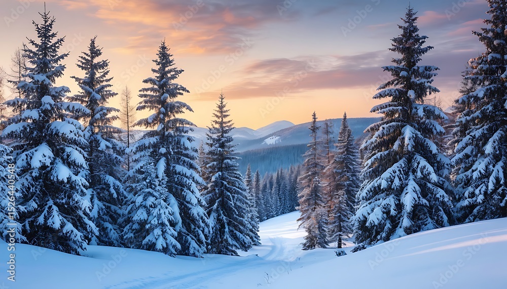 Obraz premium Snow-covered landscape with tall evergreen trees under a colorful sunset. The scene captures the tranquility of winter in a mountainous region.