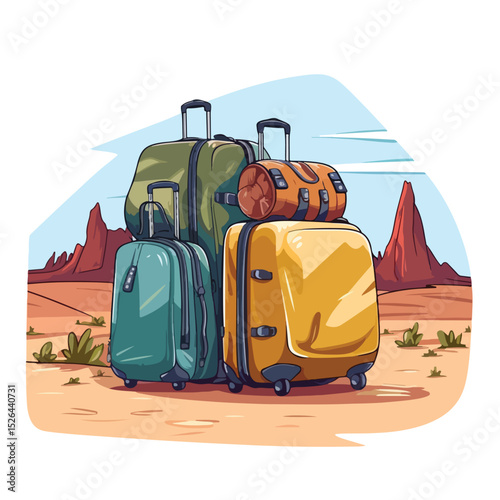Professional Travel Suitcases and Sleeping Bag Over Landscape Scene