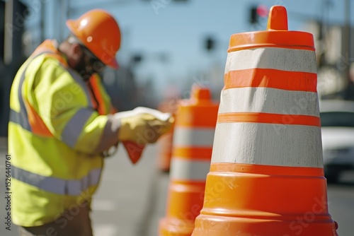 Construction worker in safety gear inspecting traffic cones on site