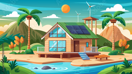 Eco-friendly wooden house with solar panels and wind turbines on a tropical island surrounded by mountains and palm trees