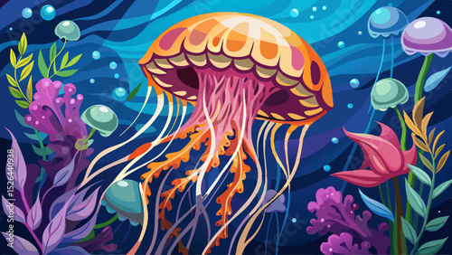 Bright orange jellyfish with flowing tentacles swimming in a colorful underwater world filled with abstract plants and bubbles