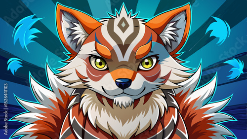 Fantasy fox creature with tribal markings, yellow eyes and spiky fur against a vibrant blue action background