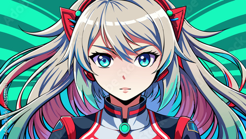 Anime blonde girl with bright blue eyes wearing futuristic uniform and red ribbons, looking forward on a vibrant abstract background