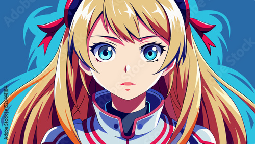 Anime girl with long blonde hair, blue eyes and red ribbons in futuristic outfit on colorful abstract background
