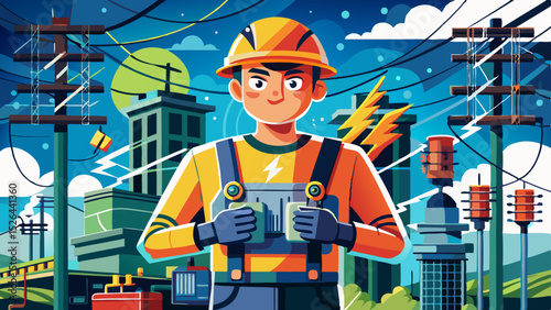 Electrician in uniform and hard hat working with tools against a background of power lines, buildings and lightning bolts