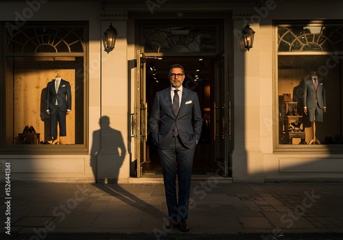 Elegant Man in Tailored Suit Standing at Boutique Entrance