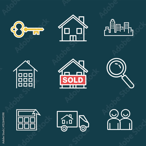 vector icons real estate business house key, symbolizing ownership new home House Sold Sign icon "Sold" sign in front, representing successful real estate 
