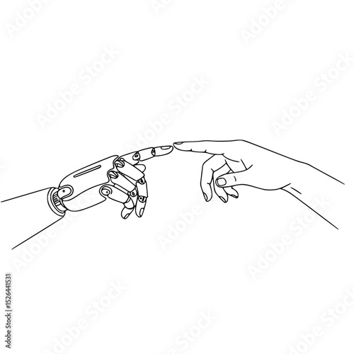 Human hand reaching towards robotic hand in line drawing style, transparent background    