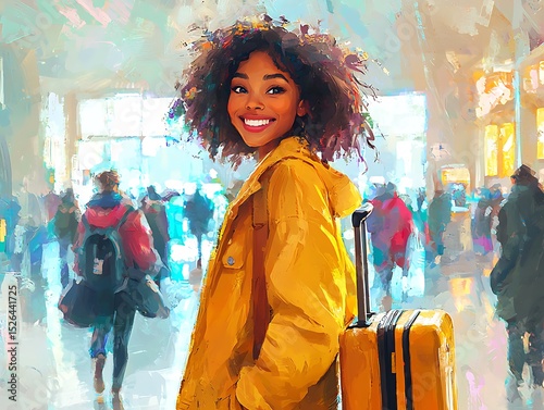 A smiling woman with curly hair in a yellow jacket at an airport with a yellow suitcase