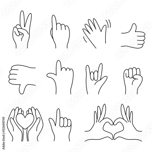 Set of simple black line drawings of hand gestures, each representing meanings such as peace, love, approval, and communication. Ideal for creative design, icons, posters, and visual projects