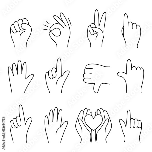 Vector set of hand gesture illustrations in minimalist outline style, including symbols for love, peace, ok, pointing, and more. Perfect for communication, expression, and design projects
