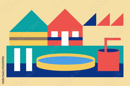 Summer Vacation Getaway Colorful Houses, Poolside Fun, and Refreshing Drinks