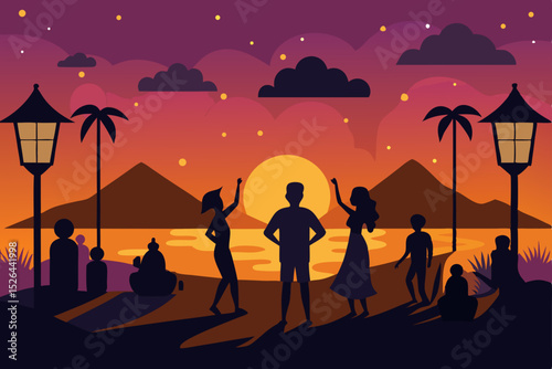 Sunset Beach Party Silhouette of Joyful Friends Celebrating Under Starlit Sky