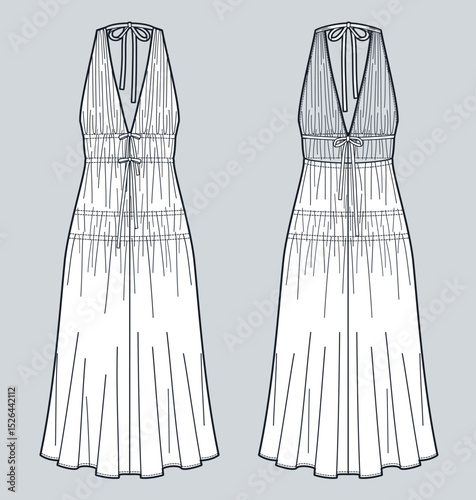Halter Dress with Deep V  Neck Technical Fashion Illustration. Drapped midi Dress fashion flat technical drawing template, gathered, tie, backless, front and back view, white, women CAD mockup.