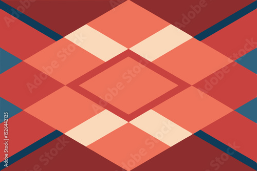Abstract Geometric Pattern Interlocking Squares and Diagonal Lines in Red, Orange, and Blue