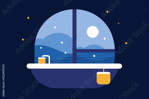 Cozy Night In Winter Window Scene with Warm Drinks Illustration