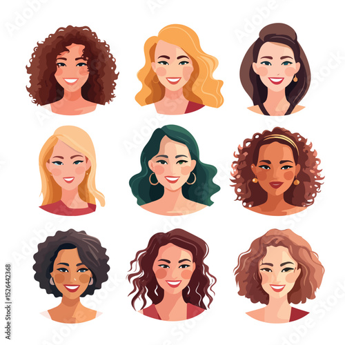 Professional Vector Illustration of Women's Smiling Faces Isolated on White Background