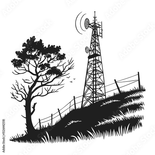 Rural landscape silhouette cell tower tree