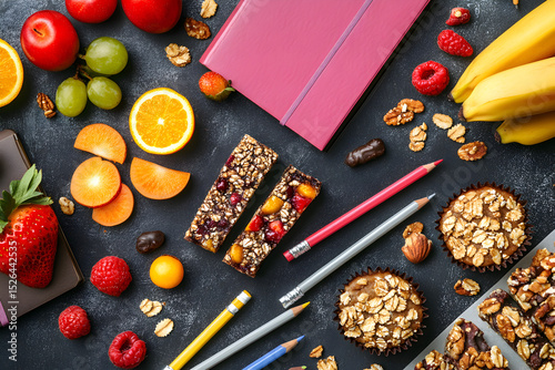 Healty snack time like gronola bar, fruits and pensil. 