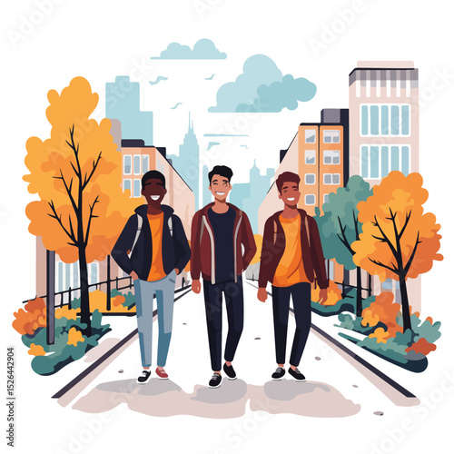 Professional Vector Illustration of Diverse Young Men Friends Characters Exploring City Life