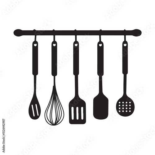 Collection of various kitchen utensils and cookware in black silhouette