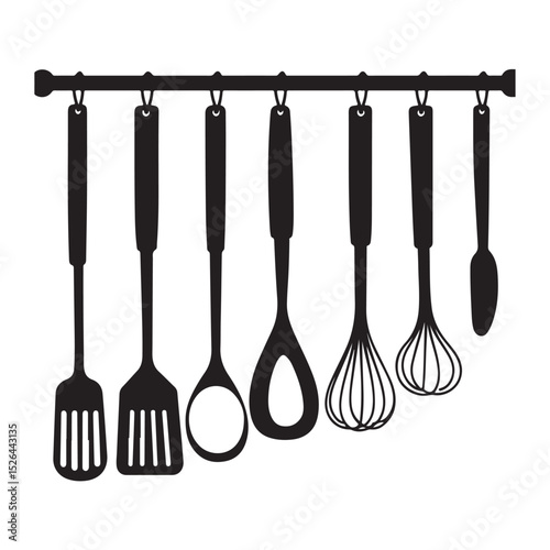 Collection of various kitchen utensils and cookware in black silhouette