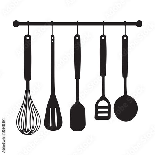 Collection of various kitchen utensils and cookware in black silhouette