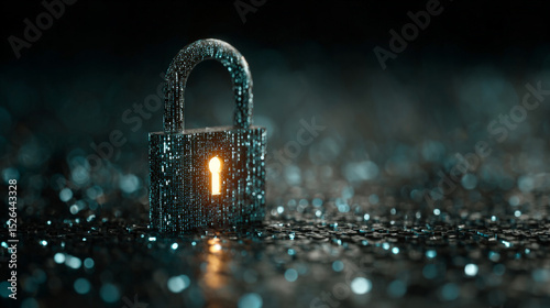 A glowing digital lock floats amidst cascading binary code, visually symbolizing artificial intelligence copyright protection. Generative AI