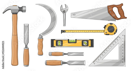 Vector Set of Carpentry and Construction Tools with Wooden Handles