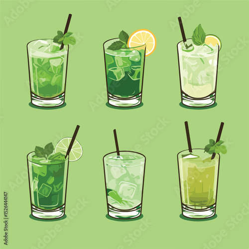 Collection of Six Cocktail Set Icons on Green Background for Bar Menu Design