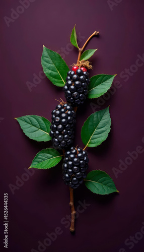 Fresh blackberry branch with green leaves on deep purple background. Summer fruit composition.