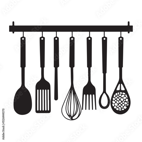Collection of various kitchen utensils and cookware in black silhouette