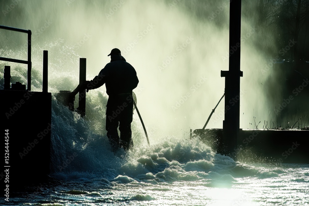 Obraz premium Silhouette of Worker at Water Treatment Plant with Misty Background