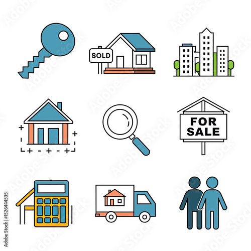 vector icons real estate business house key, symbolizing ownership new home House Sold Sign icon "Sold" sign in front, representing successful real estate 
