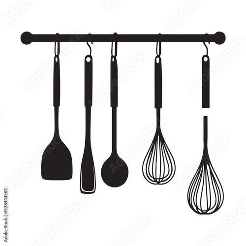Collection of various kitchen utensils and cookware in black silhouette