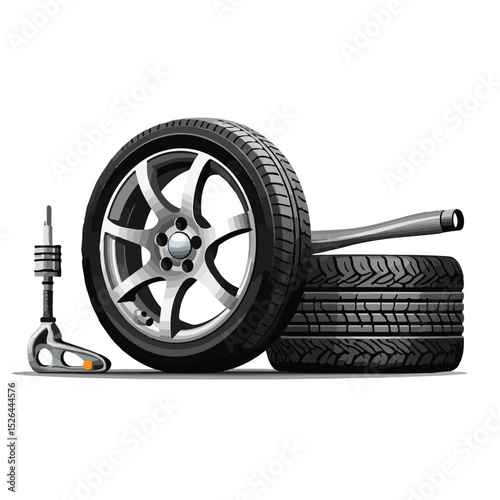 Professional Automotive Tools for Car Tire Maintenance with Brake Disc on White Background