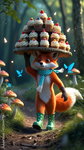Whimsical fox character in boots carrying a platter of cupcakes through an enchanted forest