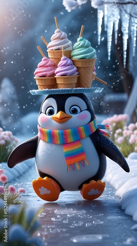 A cartoon penguin is holding three ice cream cones on his head