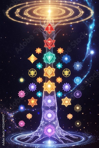 Cosmic Tree of Life with seven glowing chakra symbols for meditation and healing