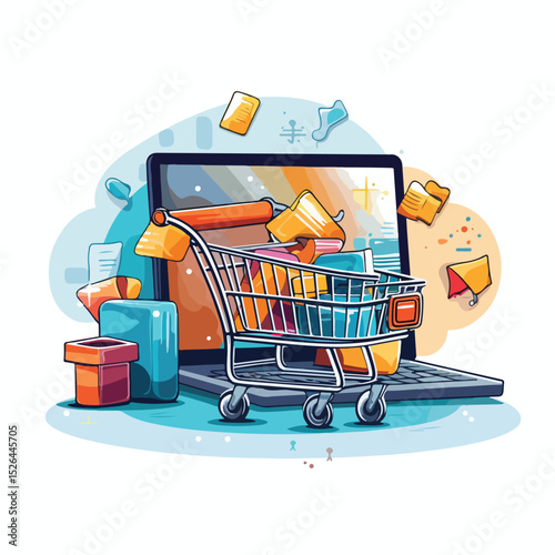 Modern vector illustration of online shopping using computer technology for e-commerce websites