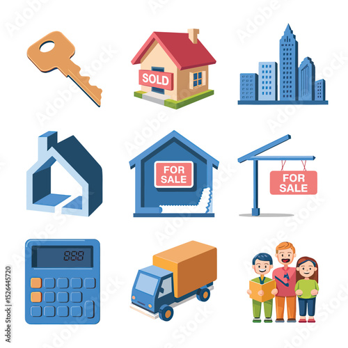 vector icons real estate business house key, symbolizing ownership new home House Sold Sign icon "Sold" sign in front, representing successful real estate 
