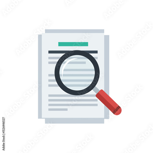 A magnifying glass over a document with teal header, concept for research, investigation, analysis, and data examination