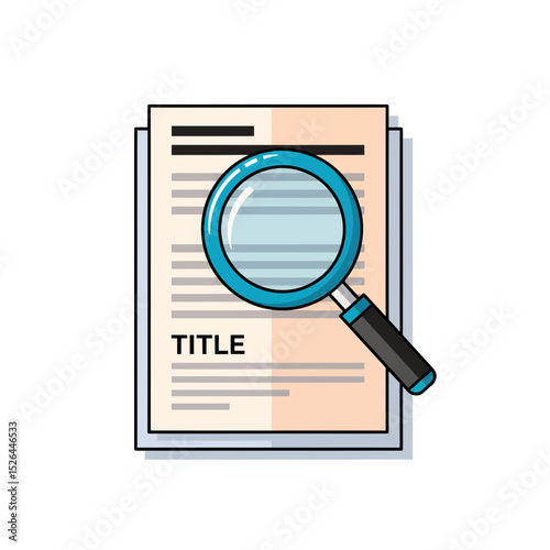Illustration of a magnifying glass over a document titled 'TITLE', concept for research, investigation, and analysis