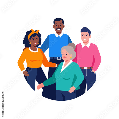 Diverse group of people, woman, man and senior woman standing together; concept for teamwork, collaboration, community, and social inclusion