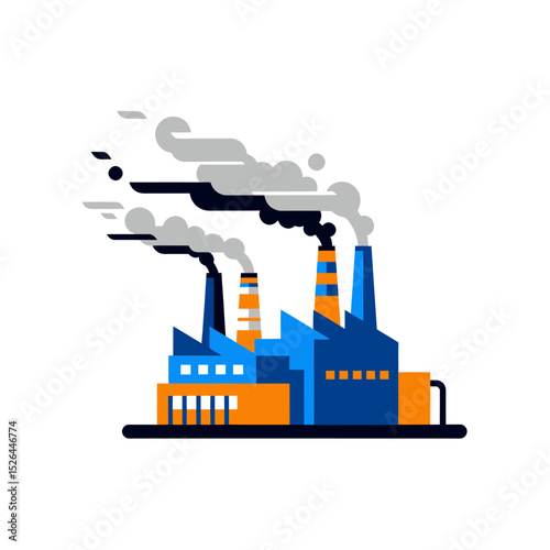 Stylized illustration of factory with smoke stacks emitting pollution, concept for industrial design, manufacturing, and environmental awareness