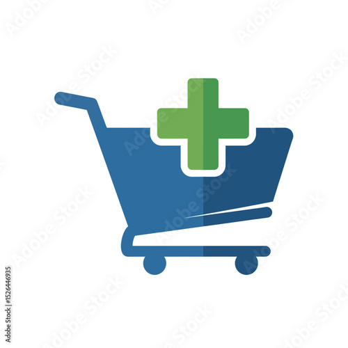 Shopping cart icon with a green plus sign, concept for online store, medical supplies, pharmacy or healthcare business