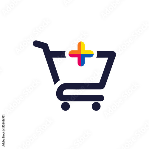 Stylish minimalist shopping cart icon with colorful plus sign, concept for e-commerce, online store, and marketing campaign